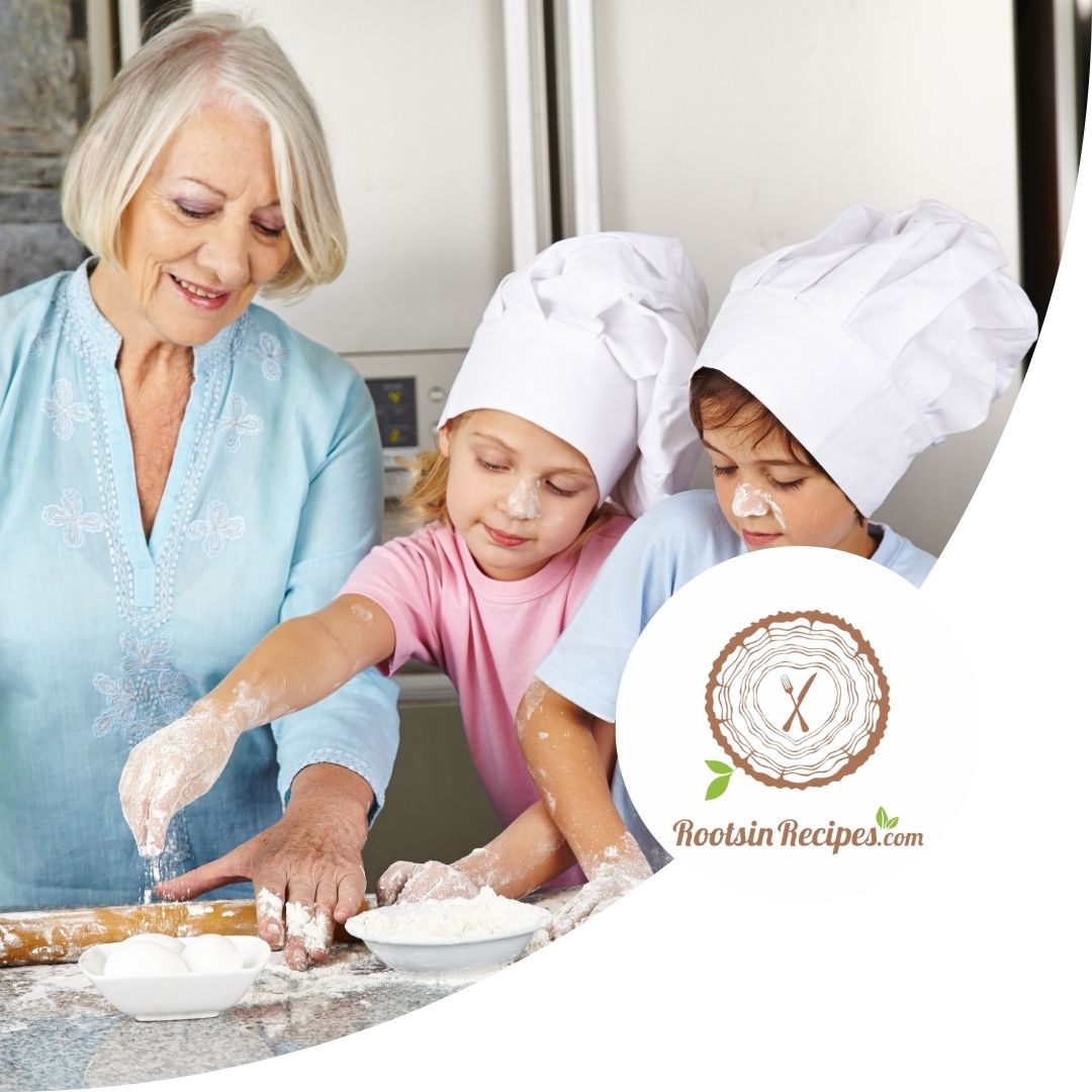 grandma and kids baking